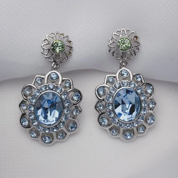 Givenchy Pastel Blue Rhinestone Jewel Flower Oval Silver Dangle Clip Earrings - Picture 2 of 9